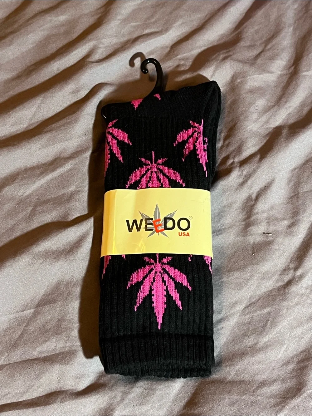 Black Crew Socks with Pink Leaf Motif